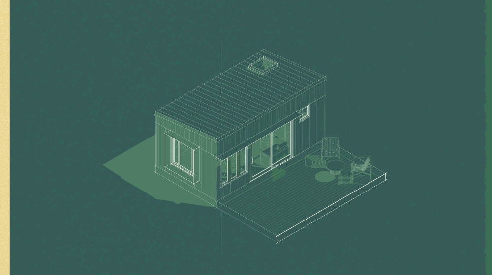 Outhaus graphic showing an isometric line drawing of a modular home