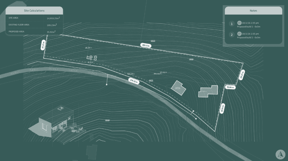 Outhaus site check graphic showing a property boundary, contours and site calculations