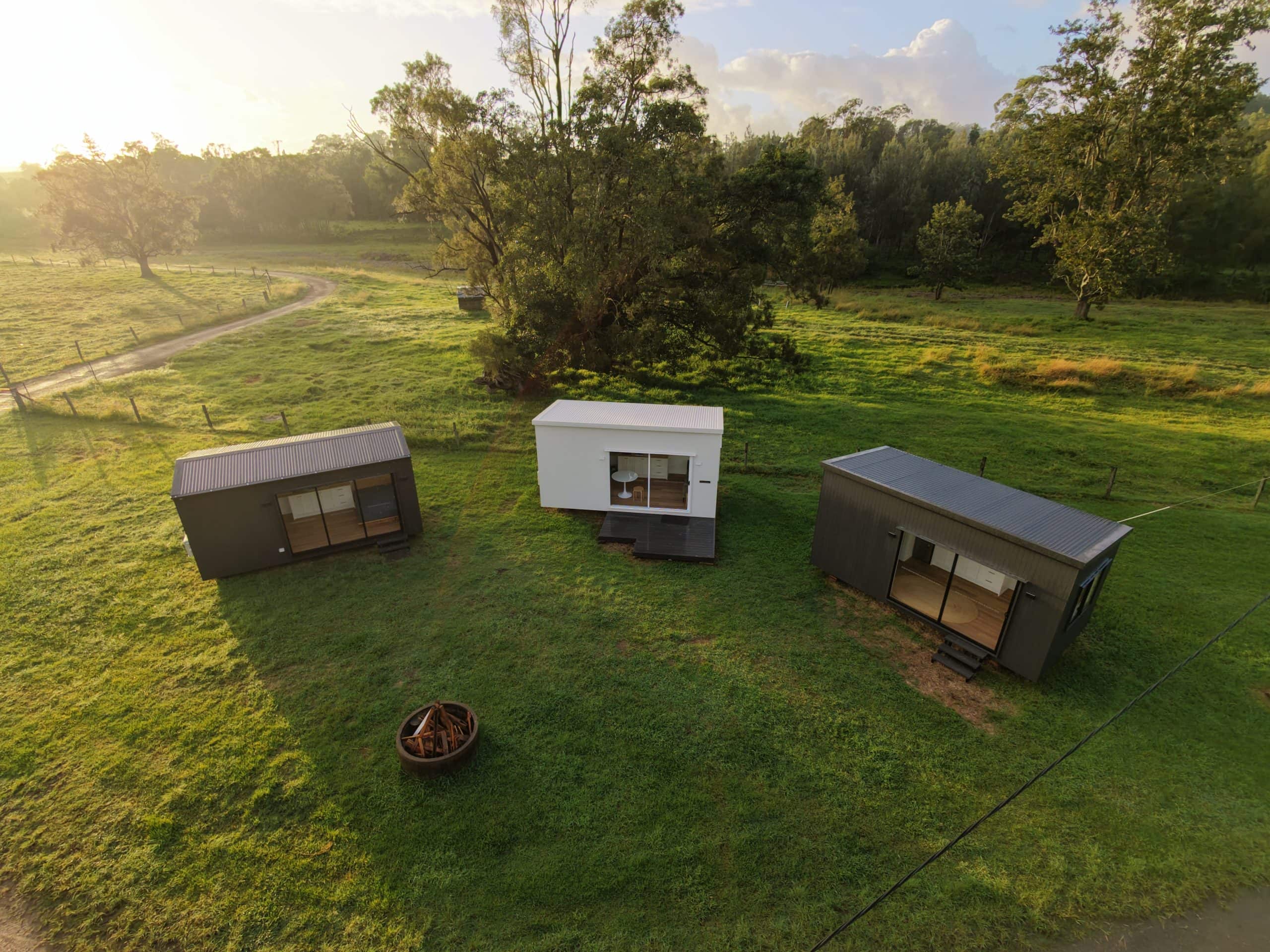 Aerial of Outhaus modules sited on a rural block