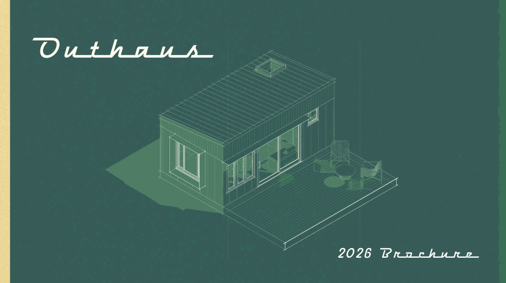 Outhaus 2026 brochure cover with a line drawing of a modular home