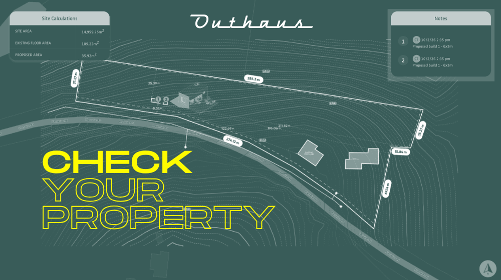 Outhaus Check Your Property graphic showing a site plan with contours