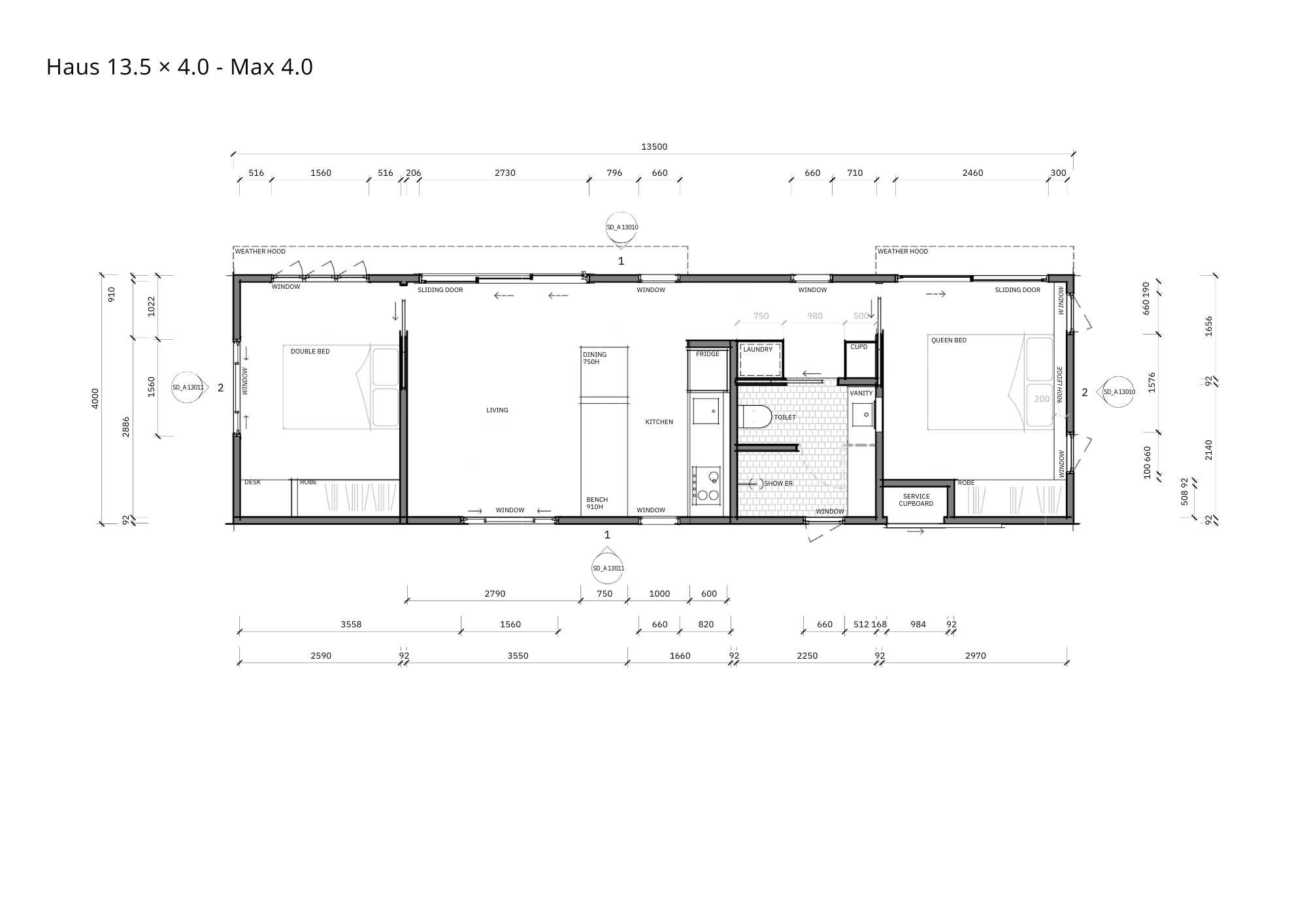 Family 13.5 floor plan, 13.5m by 4.0m
