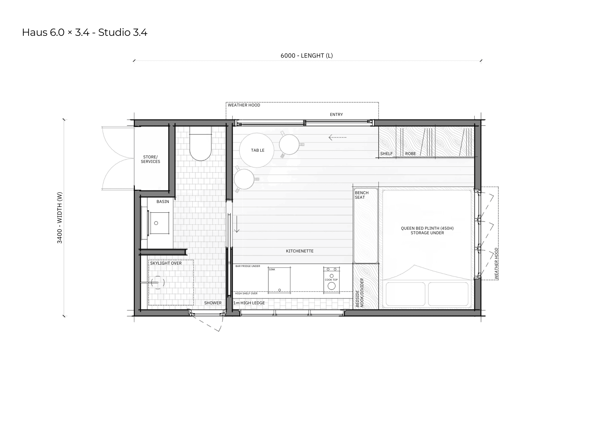 Studio 6.0 floor plan, 6.0m by 3.4m