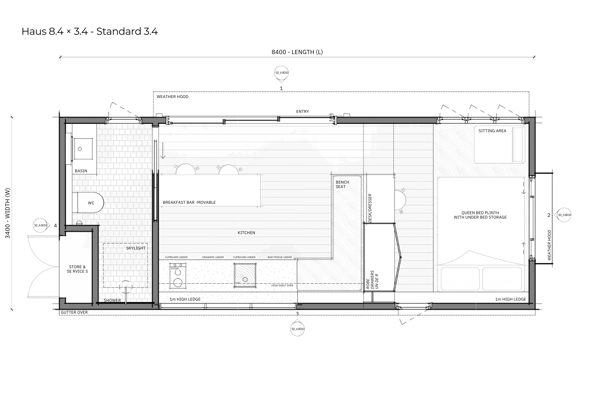 Standard 8.4 floor plan, 8.4m by 3.4m