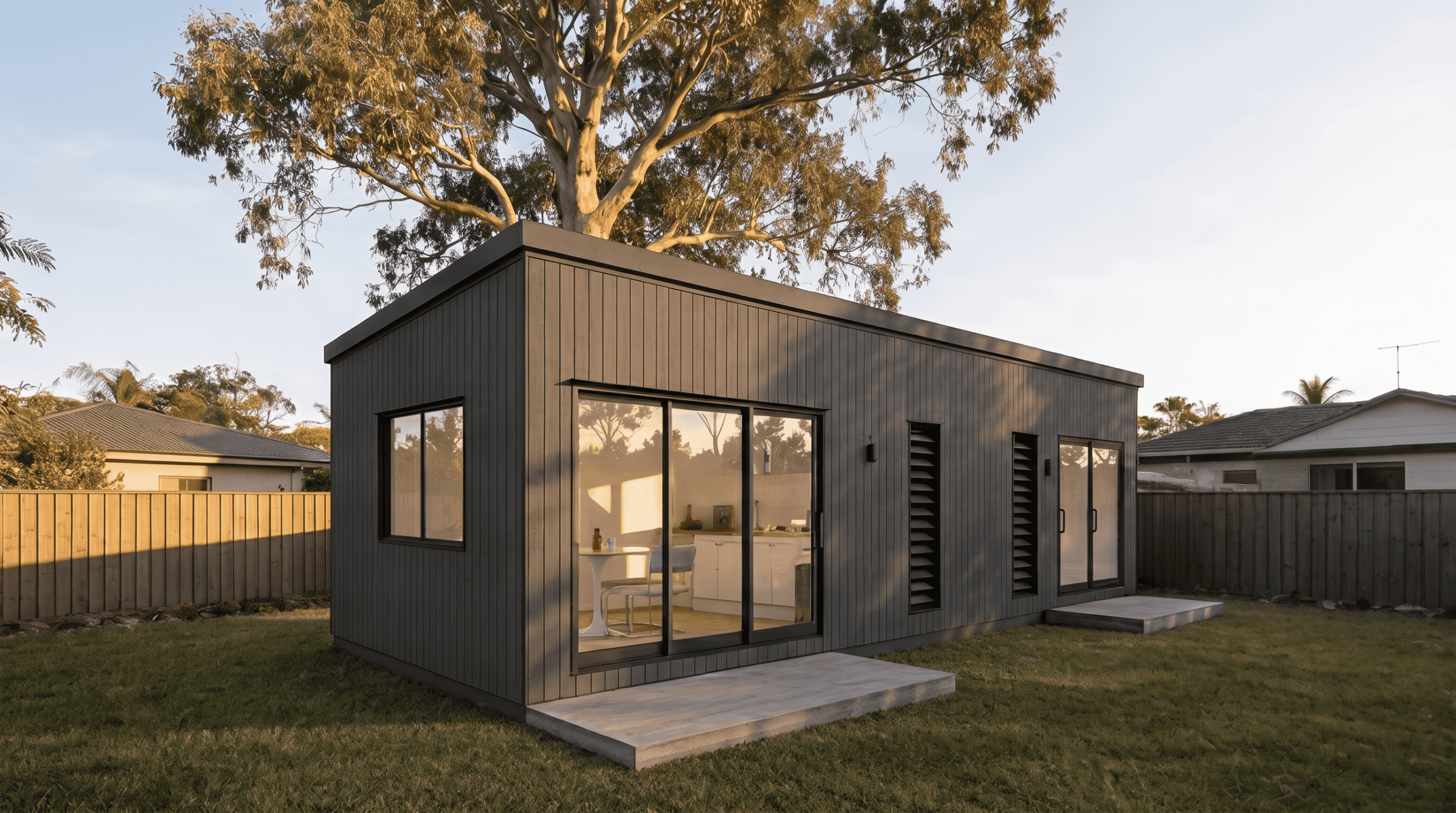 Charcoal expandable modular home exterior in a backyard at golden hour