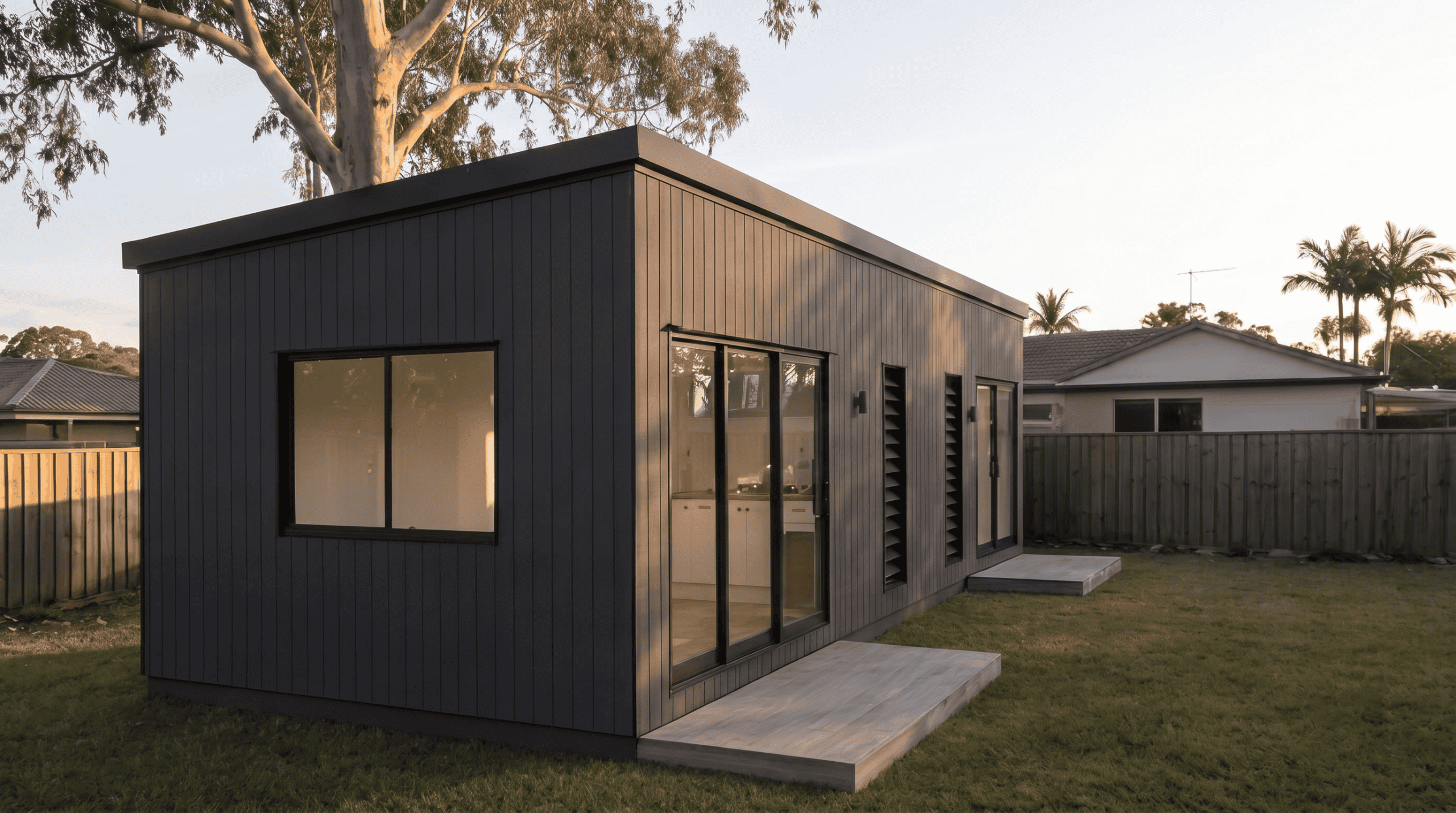 An Outhaus modular home placed in a backyard