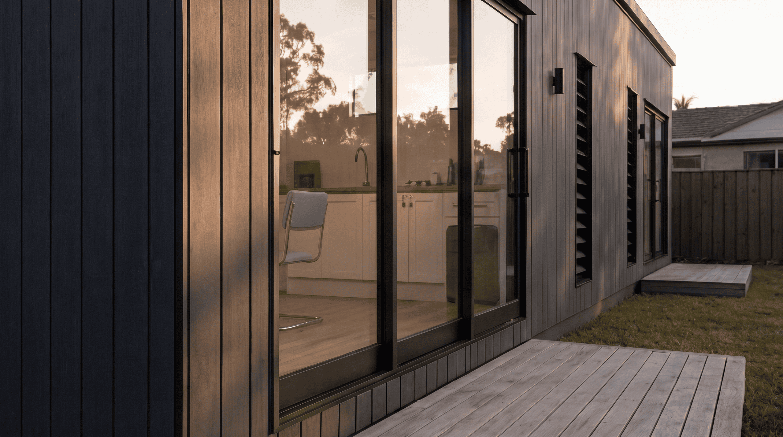 Close-up of modular home cladding and window detail