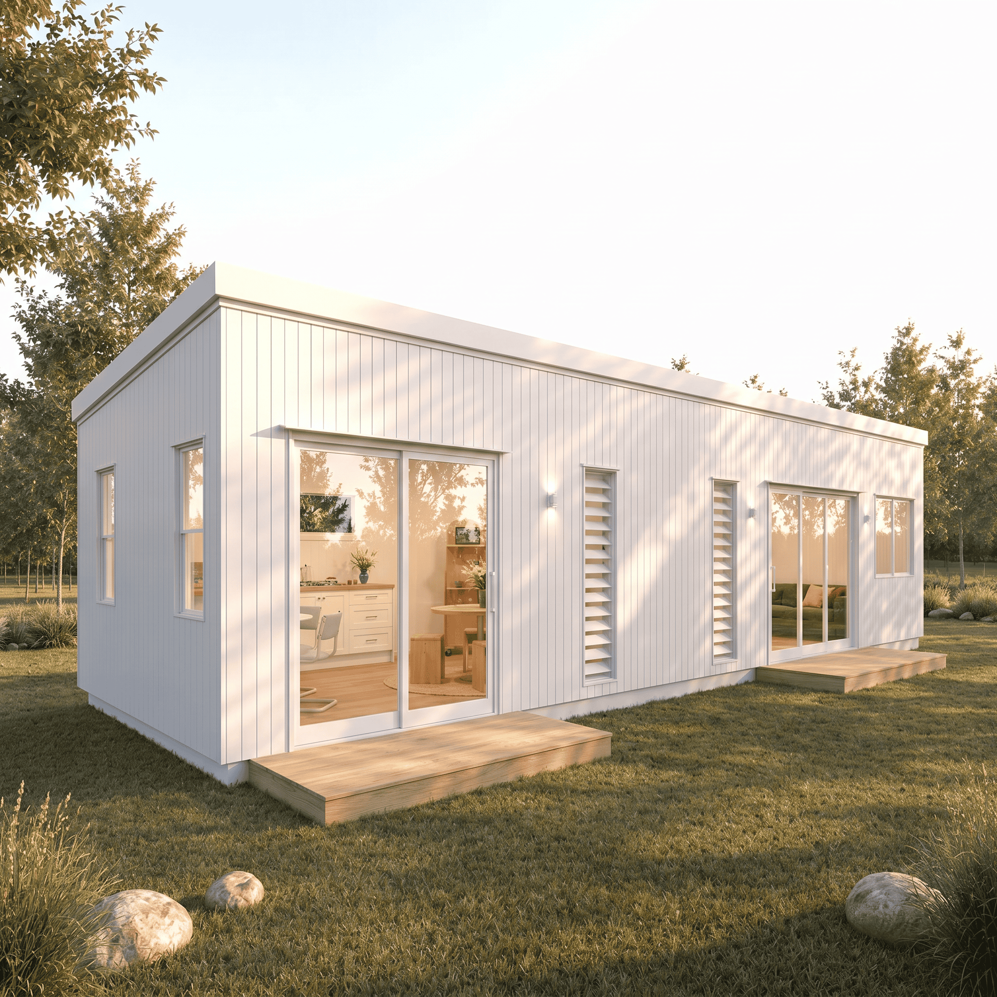Custom expandable modular home — two modules joined into a long white home with deck