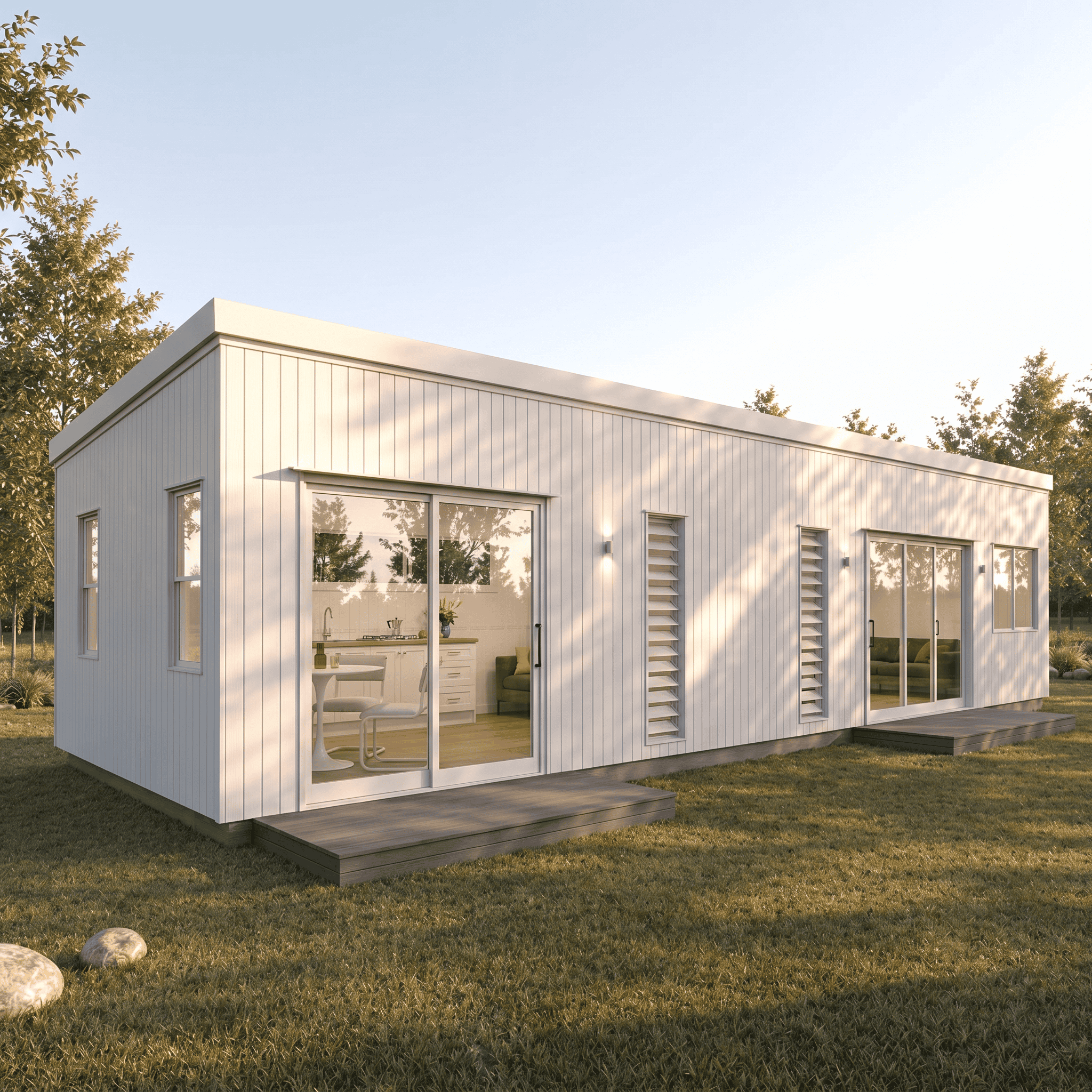 White two-module linear modular home exterior