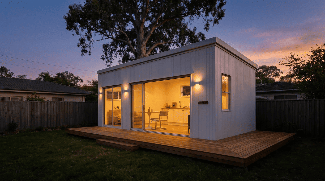 An Outhaus module and deck lit at dusk