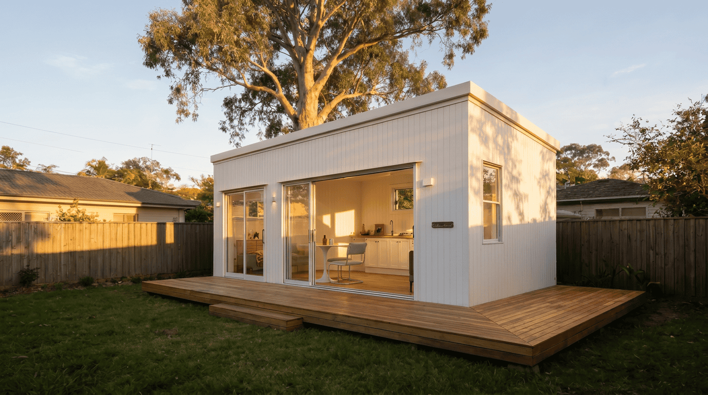 An Outhaus modular home and deck in a backyard at the end of the day