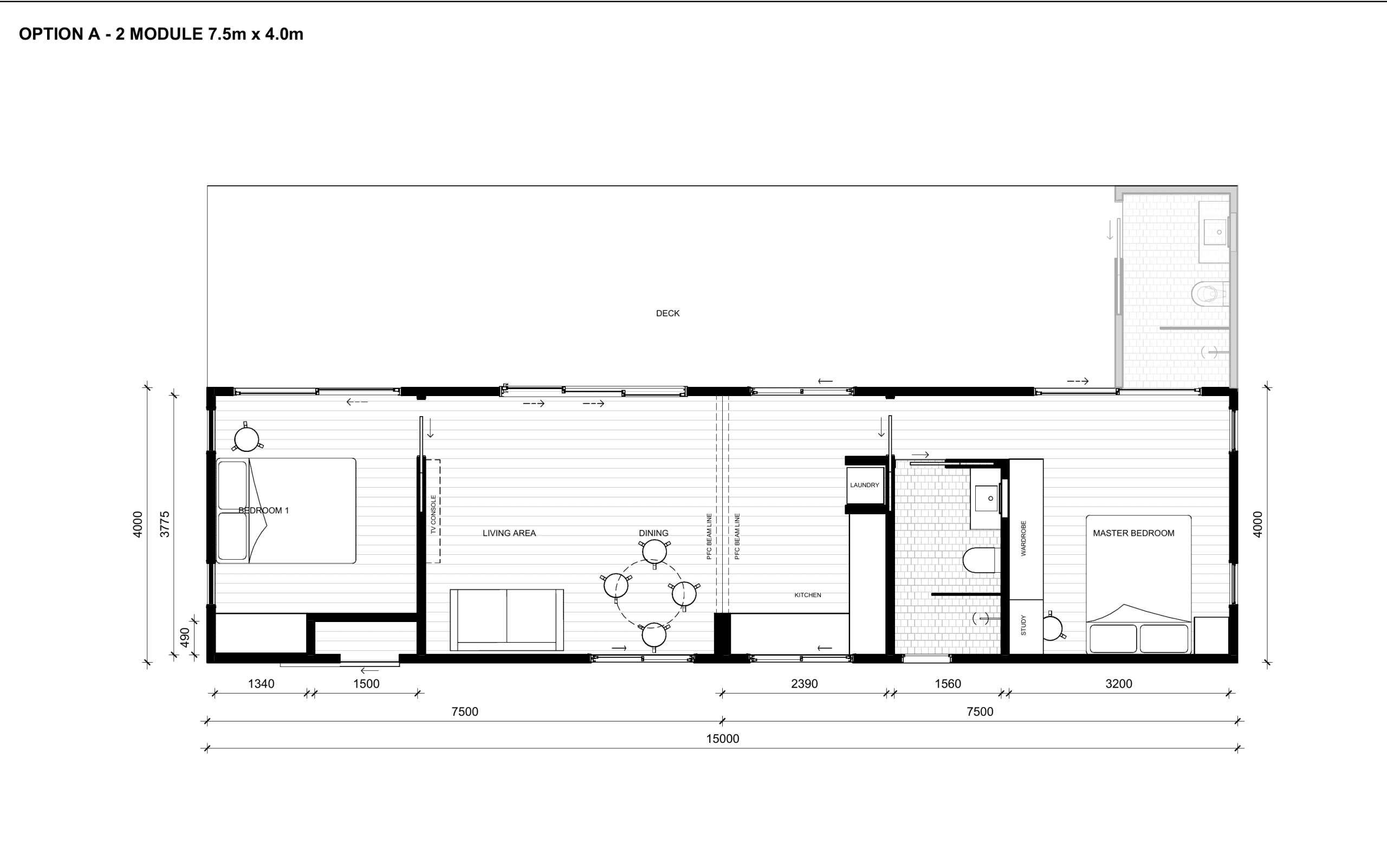 Outhaus Concept A floor plan — two modules joined into a 15m by 4m linear home