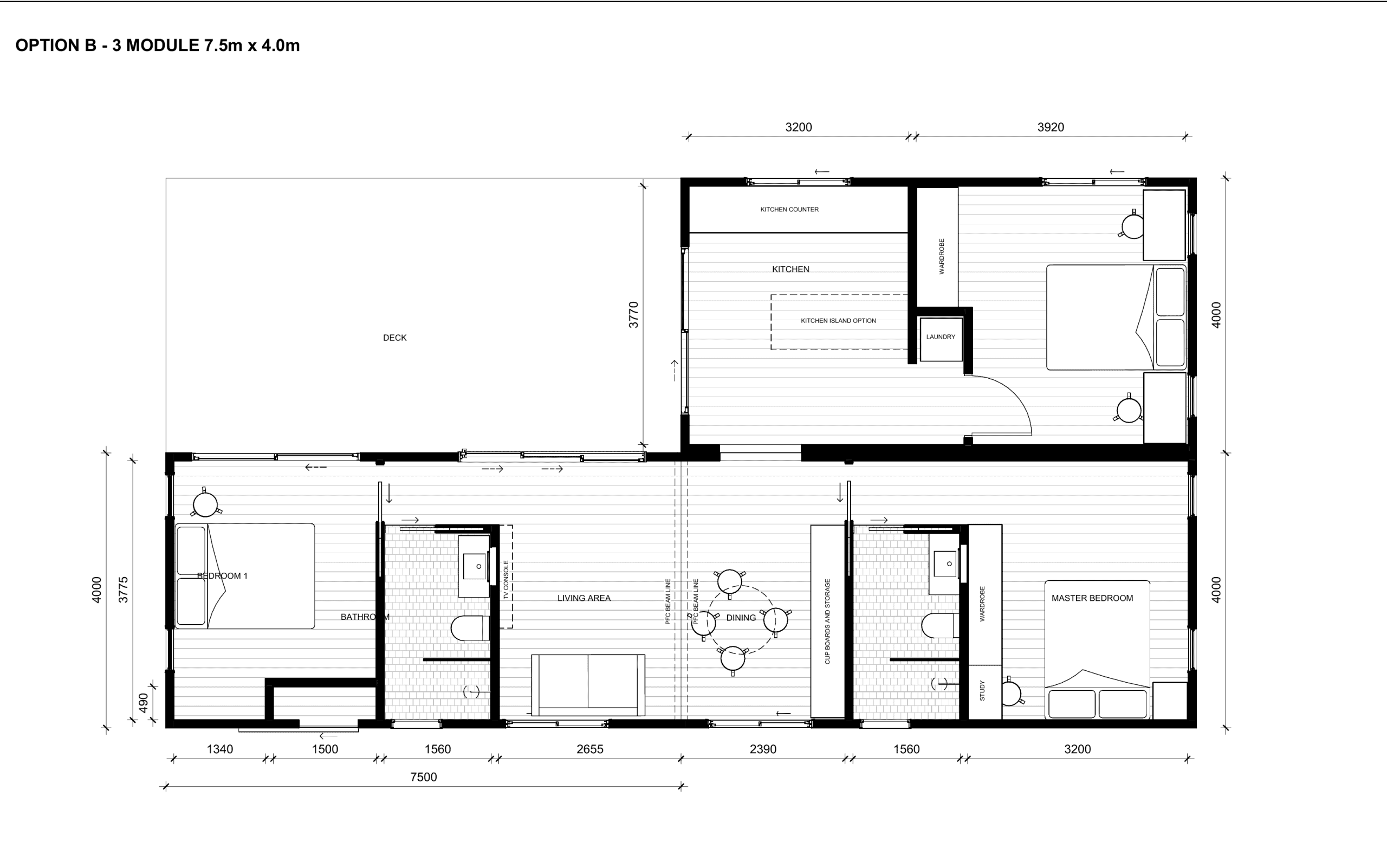 Outhaus Concept B floor plan — three modules in an L-shape with three bedrooms